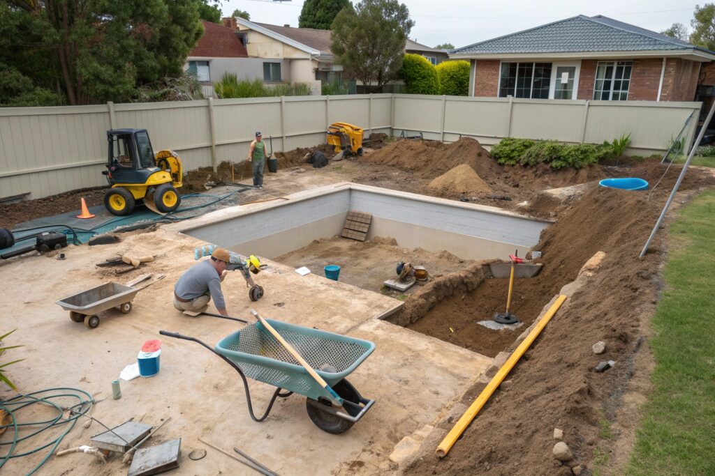 Pool excavation showing clay soil conditions typical in Cessnock construction projects