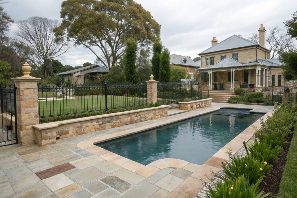 Heritage-compliant swimming pool design in Maitland with traditional materials and council-approved landscaping