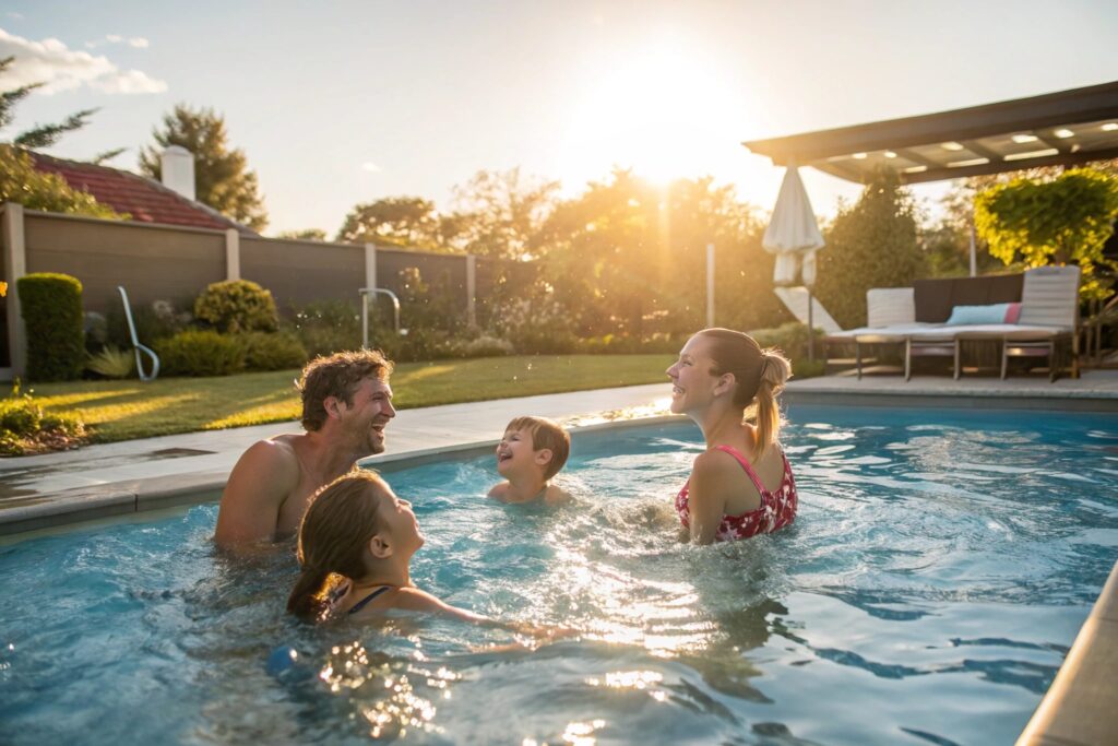 Family enjoying solar heated swimming pool during winter in Maitland