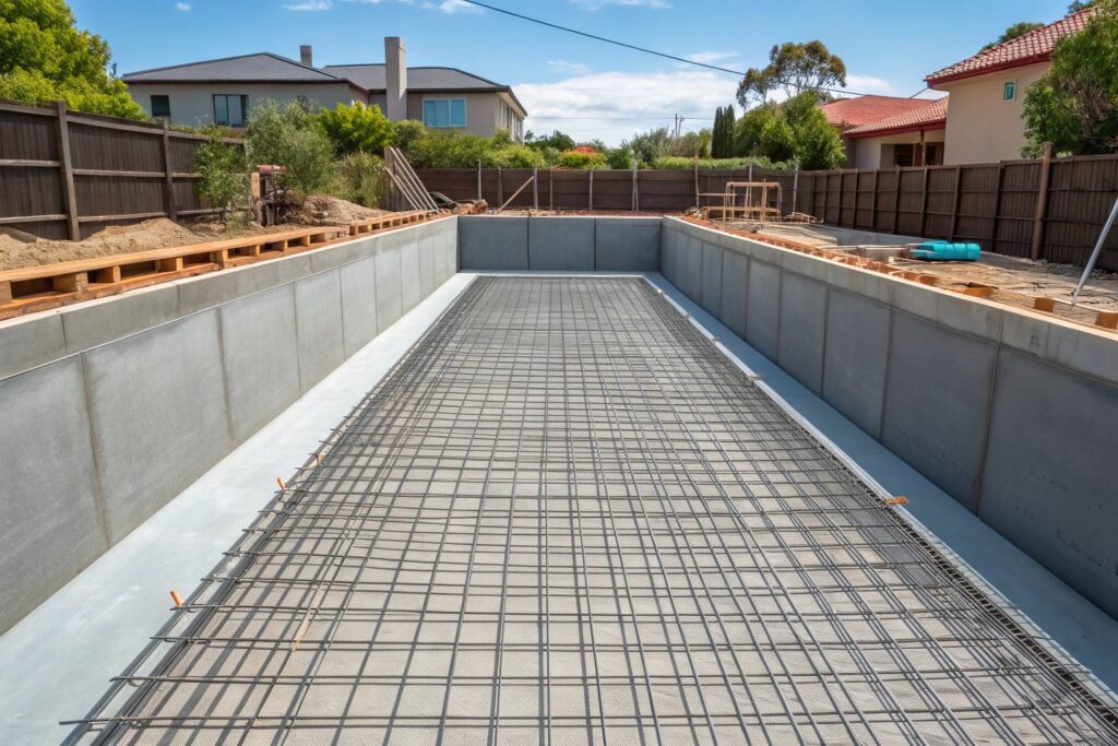Pool construction showing reinforced foundation for clay soil Maitland