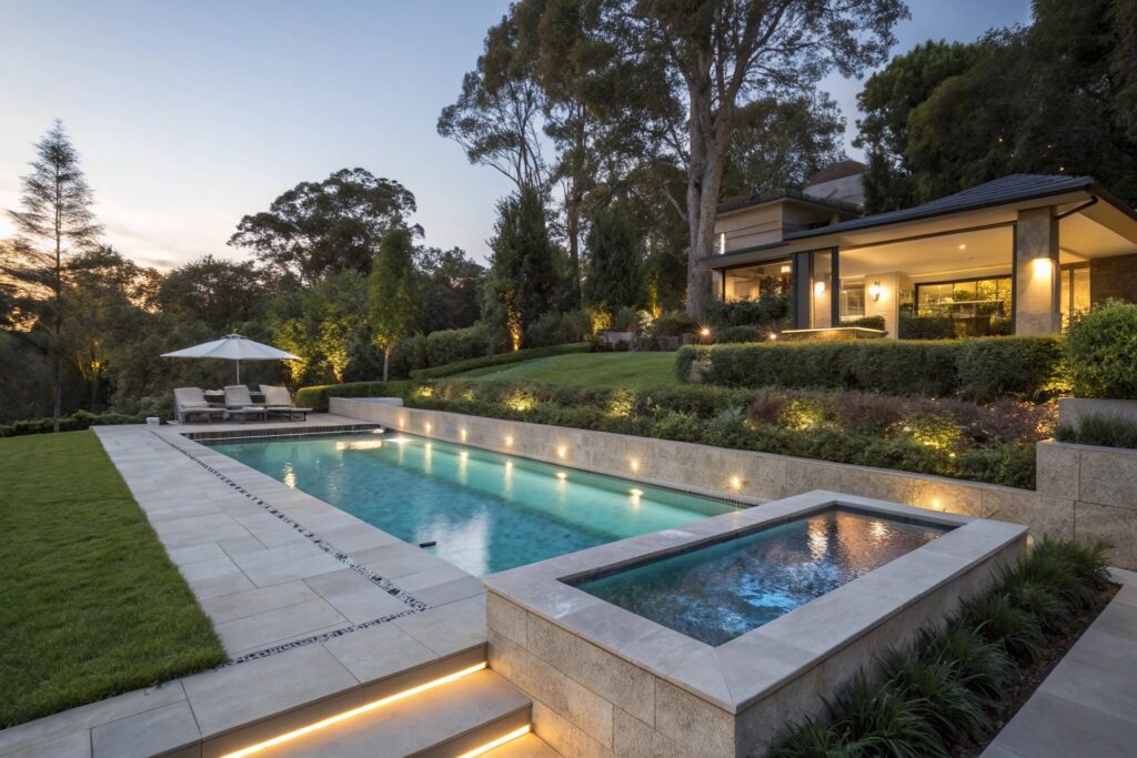 Premium concrete pool with spa features and lighting in Cessnock home