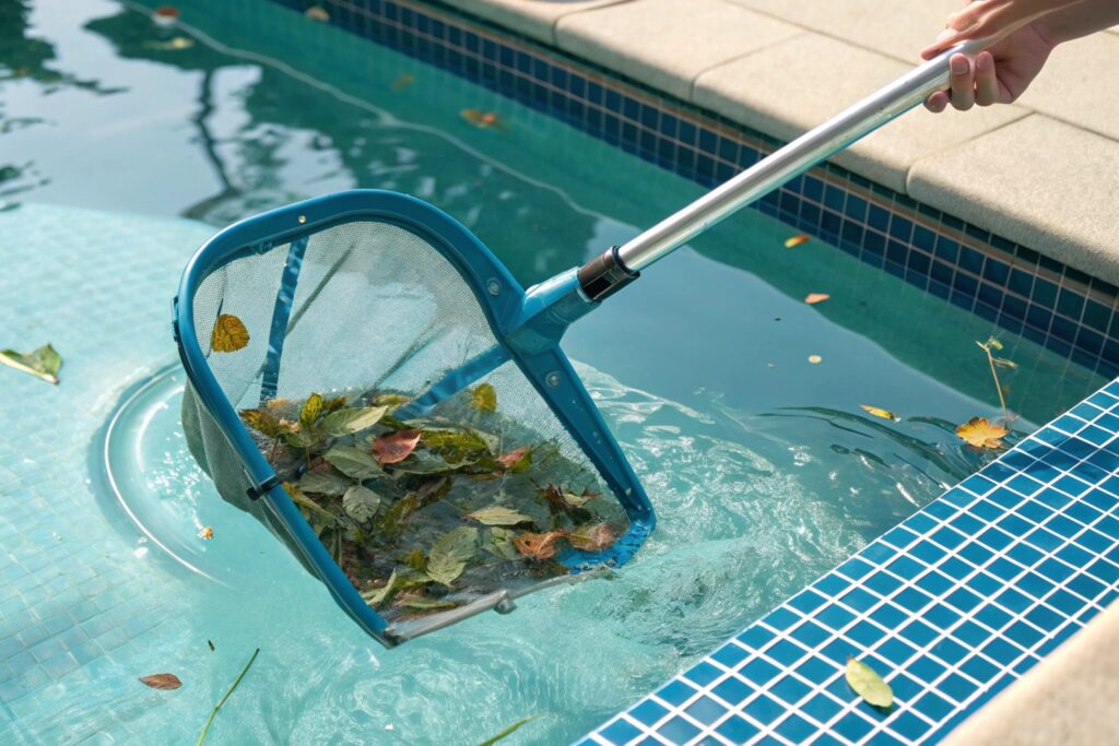Pool maintenance skimming debris from water surface in Cessnock